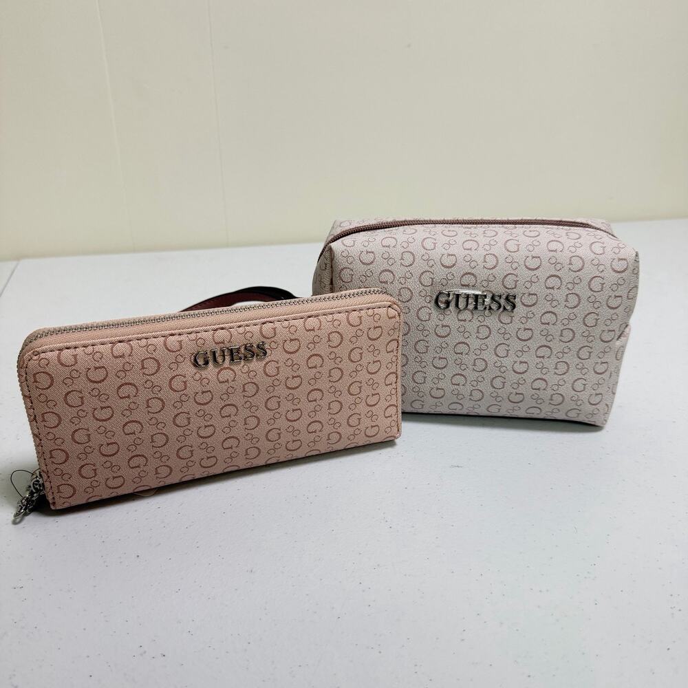 GUESS Wallet and Cosmetic Bag Set Beige Pink Logo Print Travel Pouch